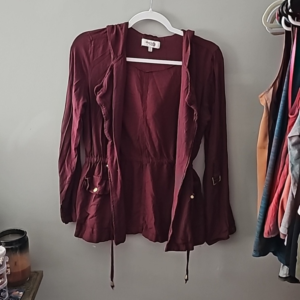 Charlotte Russe Burgundy Hooded Jacket has a cinched waist size small